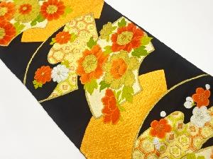 地紙に子持ち菱・亀甲・花々模様織出し袋帯